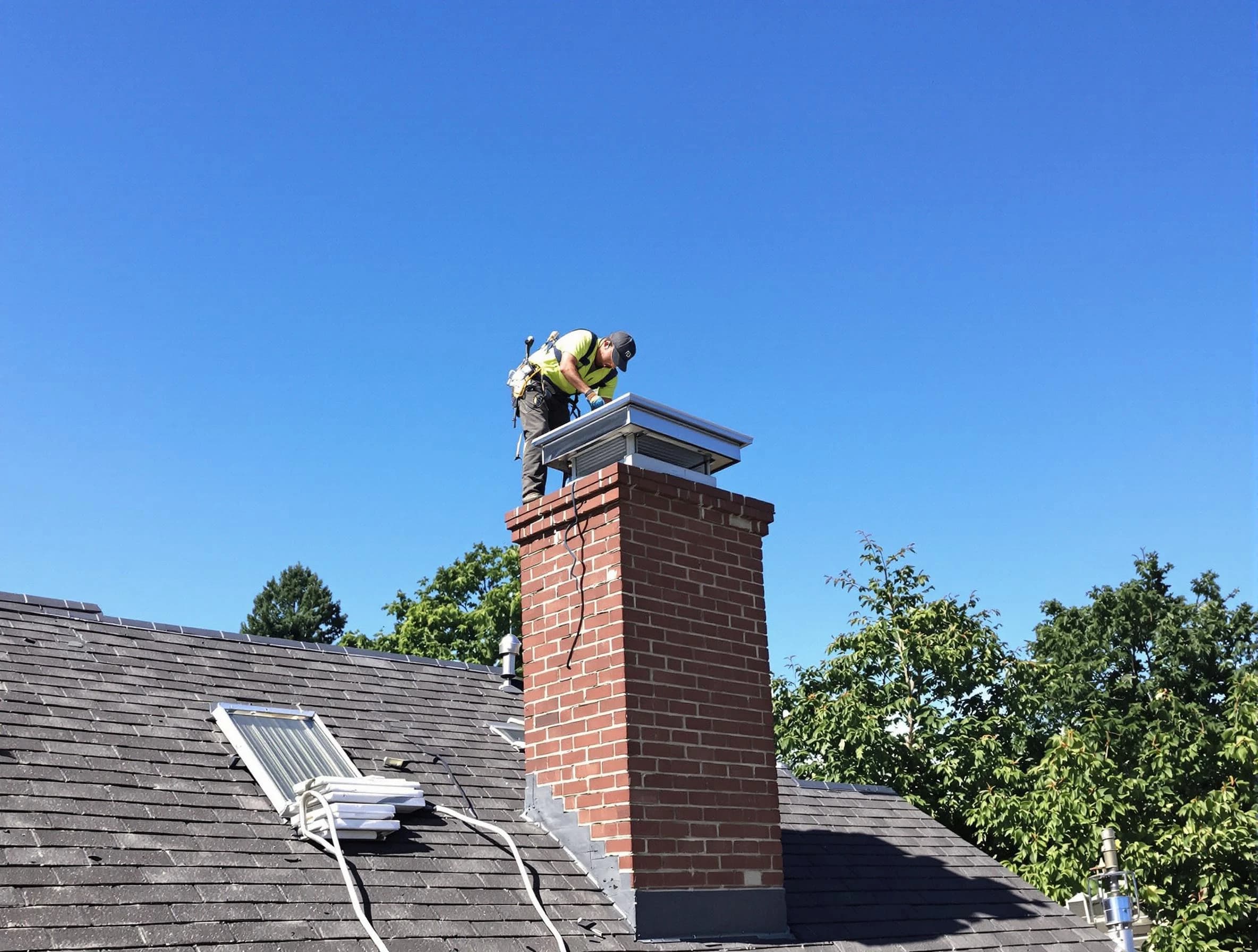 Roy Chimney Sweep technician measuring a chimney cap in Roy, UT