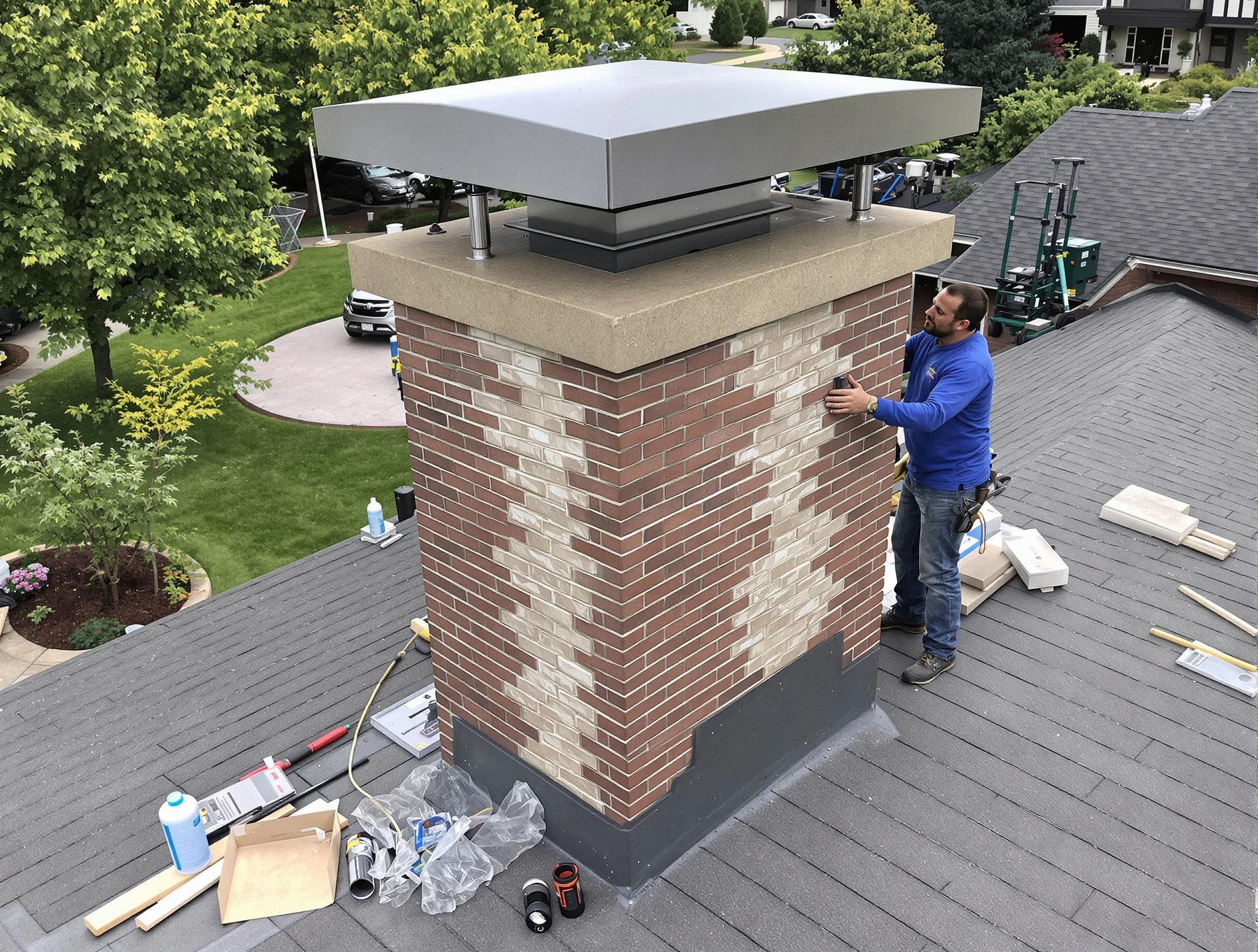 Roy Chimney Sweep team working on a custom chimney remodel in Roy, UT